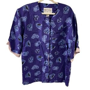 Vintage Hattie Carnegie Silk shirt Womens L short Sleeve Button Up purple Anchor